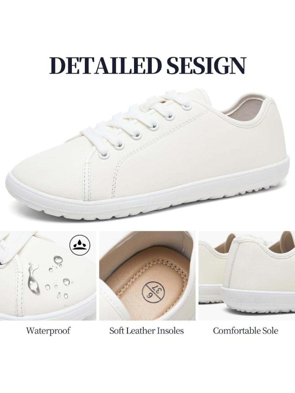 Women's Beige White Faux Leather Waterproof Thin Sole Non Slip Round Toe Sneaker - Picture 5 of 6